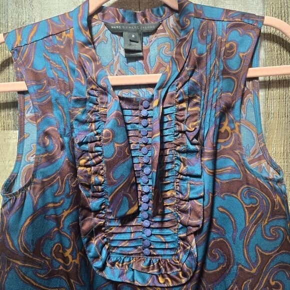 Marc by Marc Jacobs Silk Sleeveless Blouse Size 2 Purple Turquoise - Picture 2 of 5